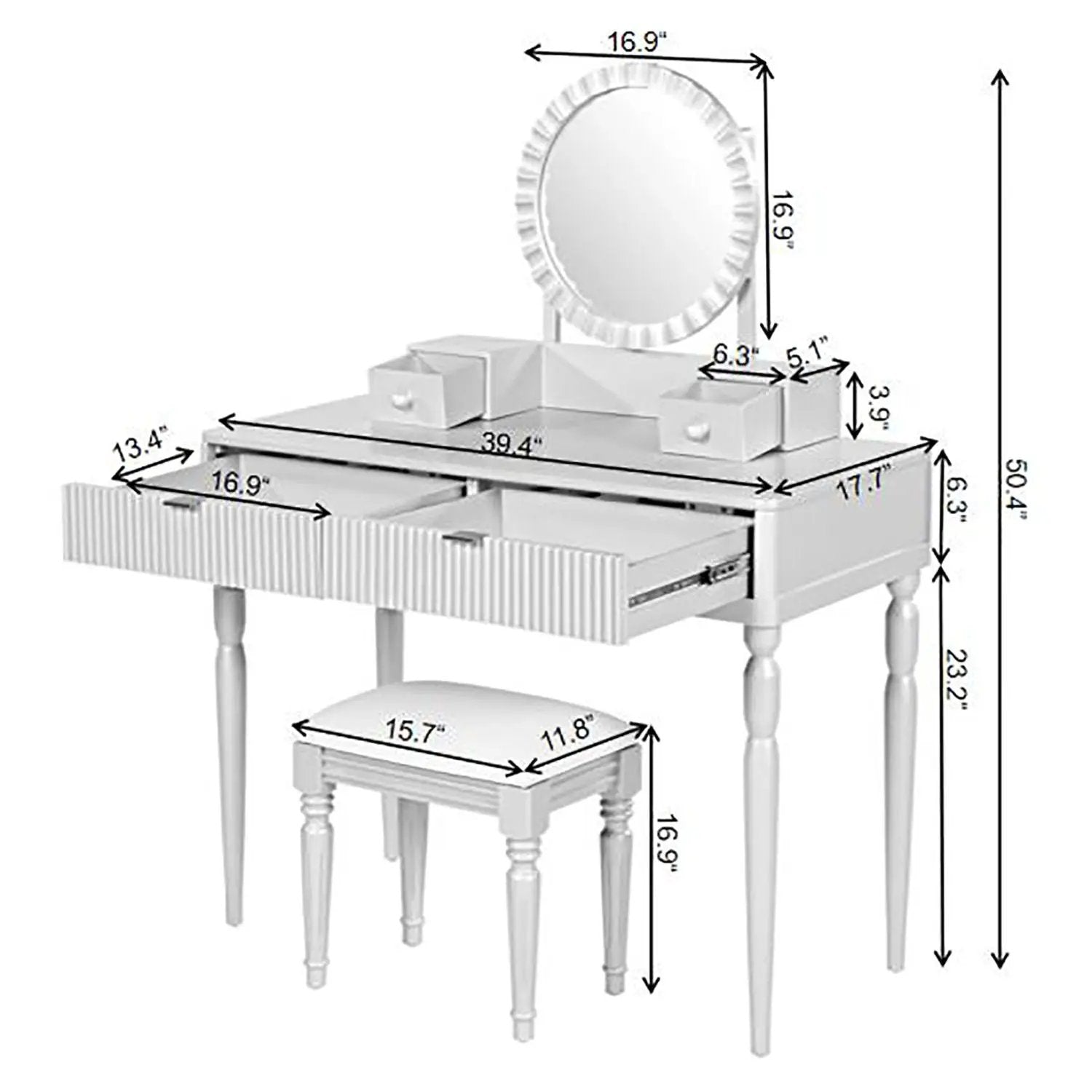 Luxury Vanity Desk With Round Mirror Height Adjustable Dressing Table Set Engineered Wood - Silver by Unique Piece Furniture