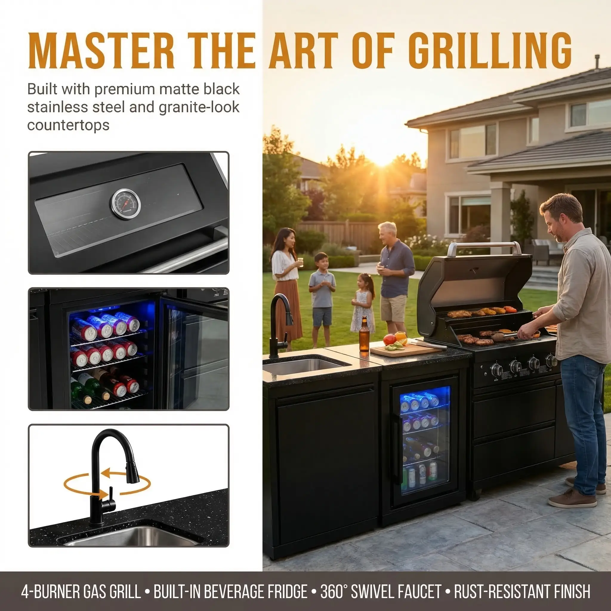 104" 4-Burner 72,000 BTU Black Outdoor Kitchen Bar Barbecue Island Grill + Wine Cooler + Sink by Chery Industrial