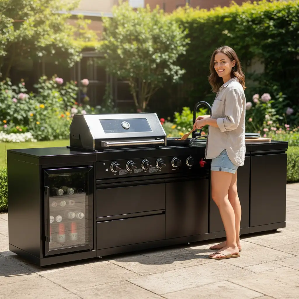 104" 4-Burner 72,000 BTU Black Outdoor Kitchen Bar Barbecue Island Grill + Wine Cooler + Sink by Chery Industrial