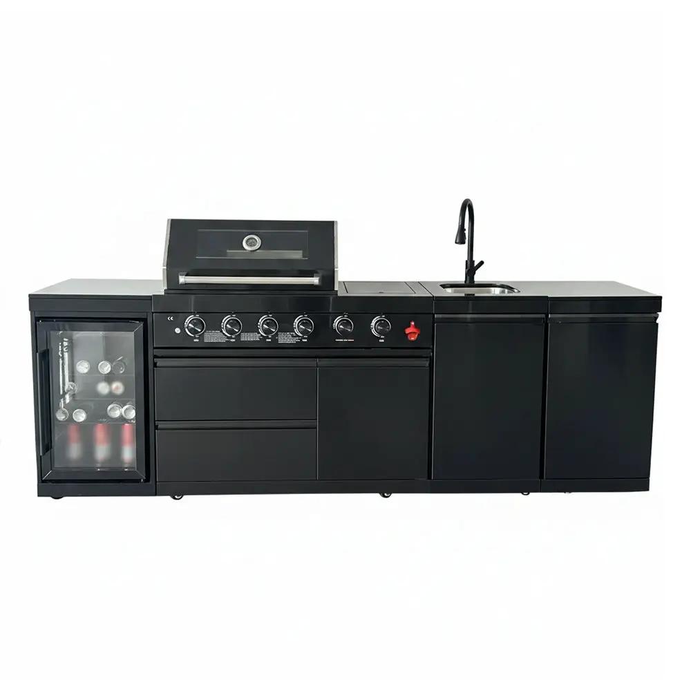 104" 4-Burner 72,000 BTU Black Outdoor Kitchen Bar Barbecue Island Grill + Wine Cooler + Sink by Chery Industrial