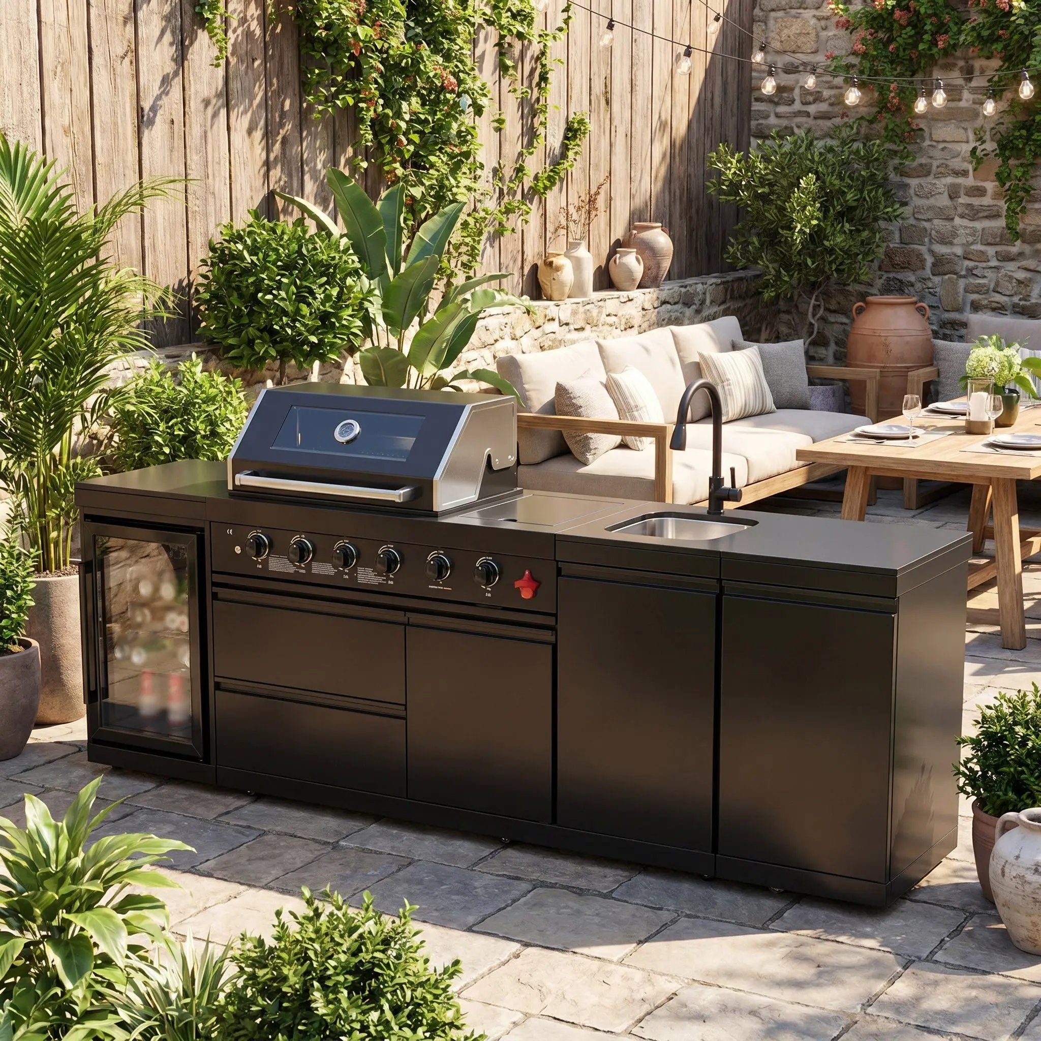 104" 4-Burner 72,000 BTU Black Outdoor Kitchen Bar Barbecue Island Grill + Wine Cooler + Sink by Chery Industrial