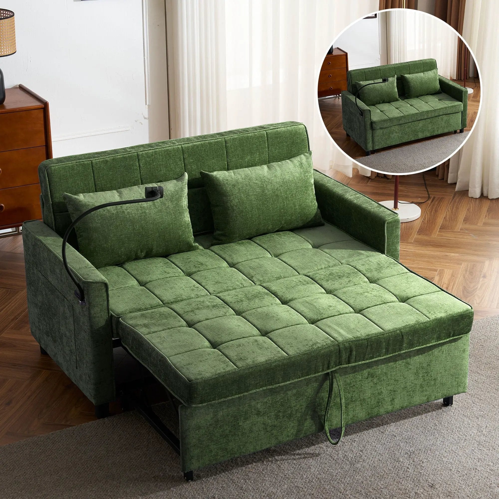Loveseat Sofa Bed Sleeper With Reversible Backrest, Side Pockets, USB Ports, Phone Holder