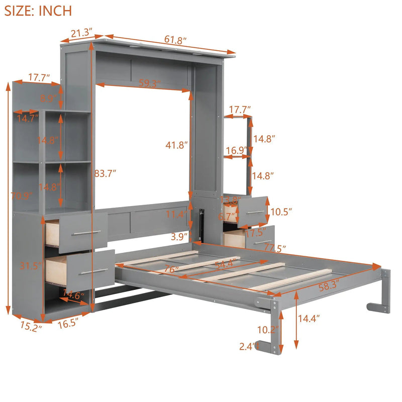 Murphy Wall Bed With LED Lights, Shelves And Drawers