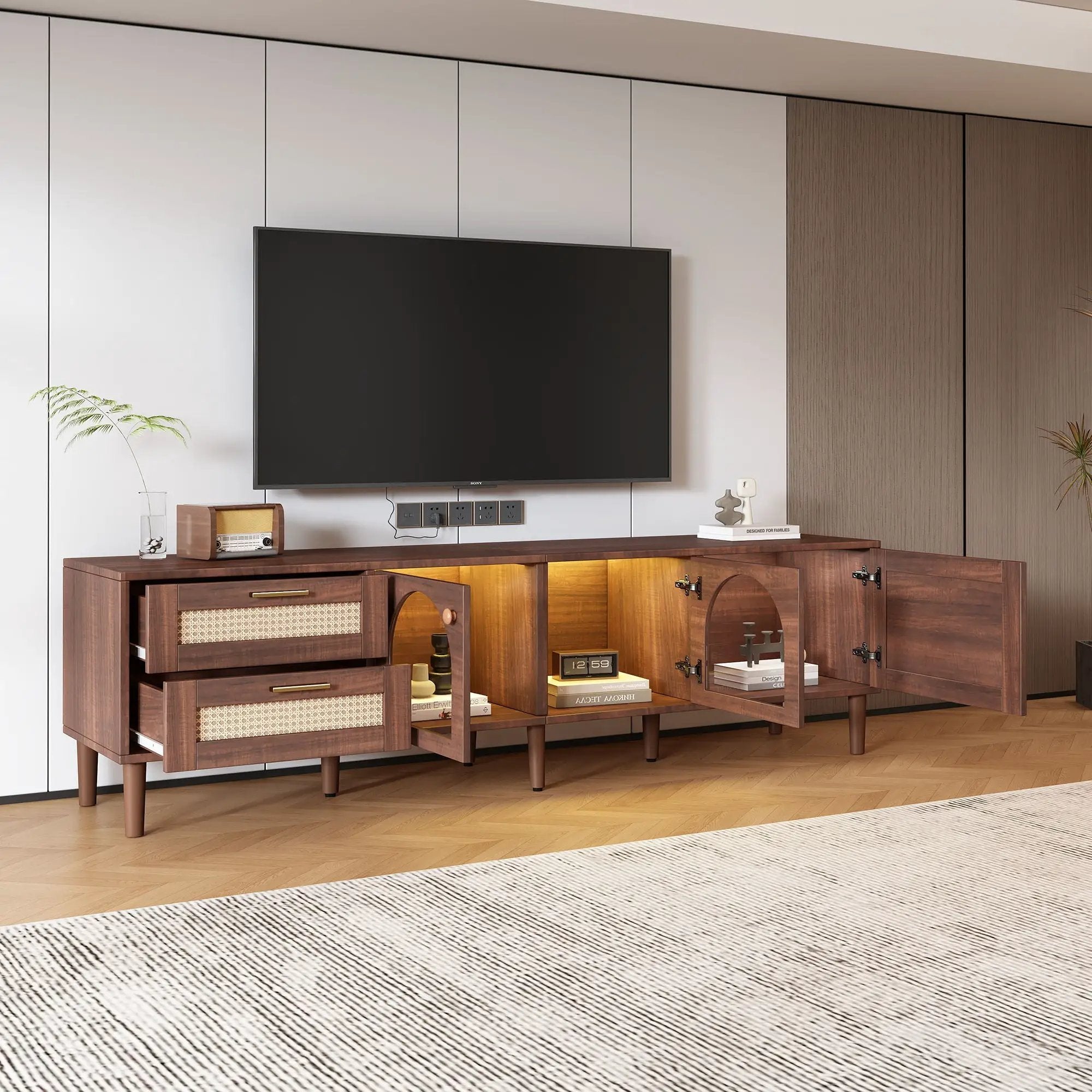 TV Stand With 3 Cabinets & 2 Drawers, LED Light Media Console For TVs Up To 80" - Dark Brown by HouseOfZazla