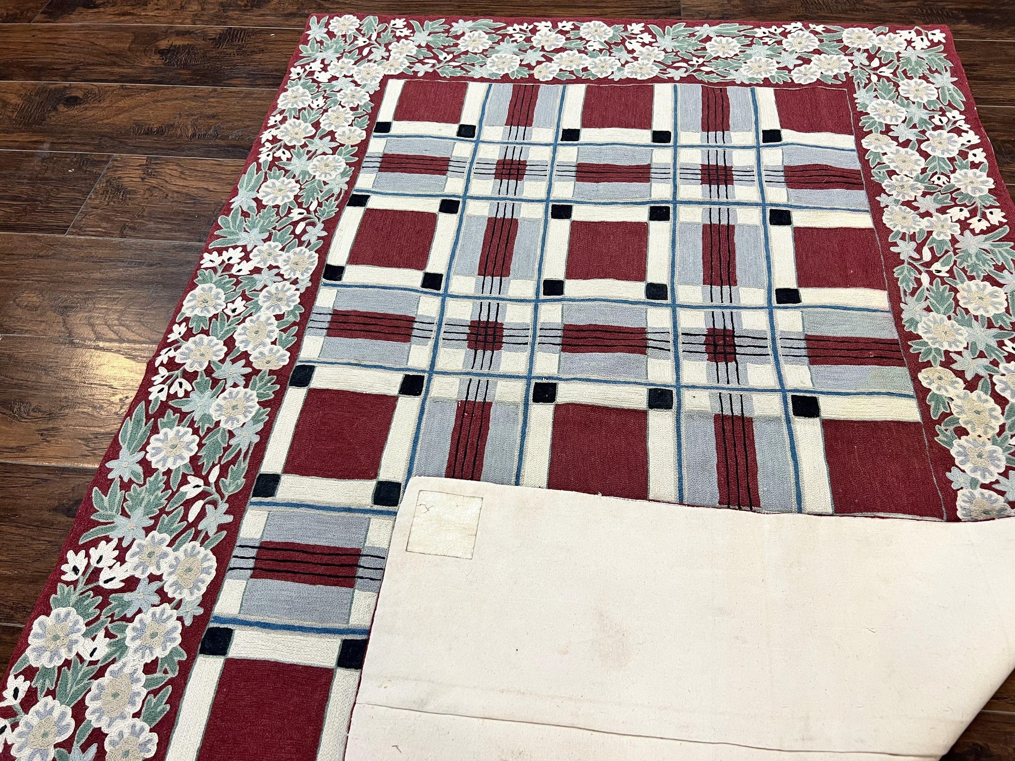 Indian Hand Stitched Rug 4x6, Vintage Carpet, Checkerboard Floral Pattern, Maroon Ivory, Flatweave, Wool by Jewel Rugs