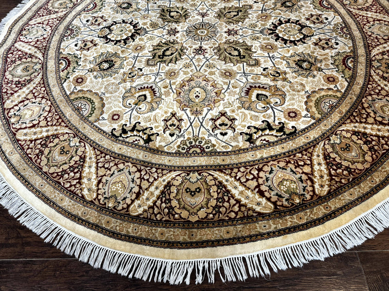 Round Pak Persian Rug 8x8, Vintage Handmade Wool Traditional Carpet, Beige Dark Red, Fine 270 KPSI by Jewel Rugs