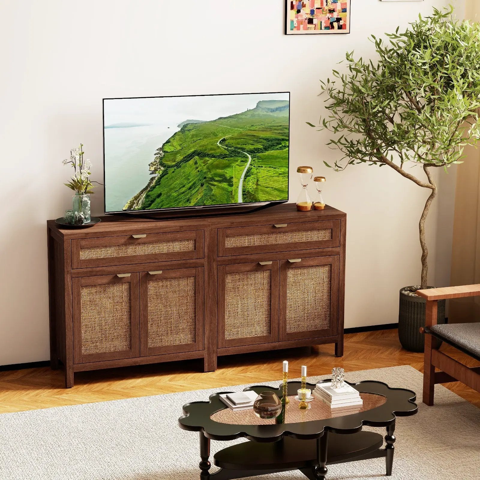 Sideboard Storage Cabinet with Rattan Doors and Drawer-Brown by DirectDeals