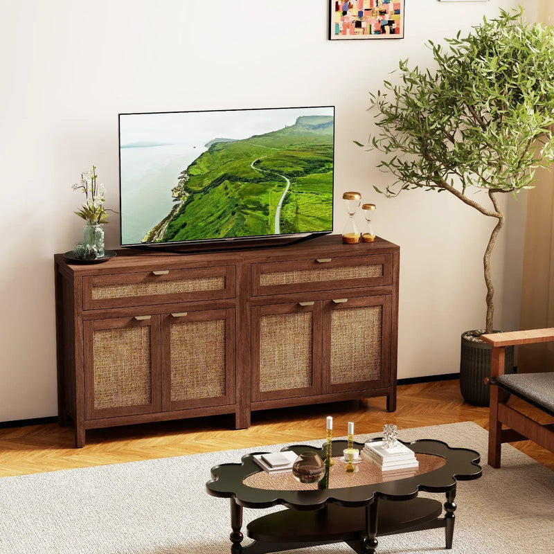 Sideboard Storage Cabinet with Rattan Doors and Drawer-Brown by DirectDeals