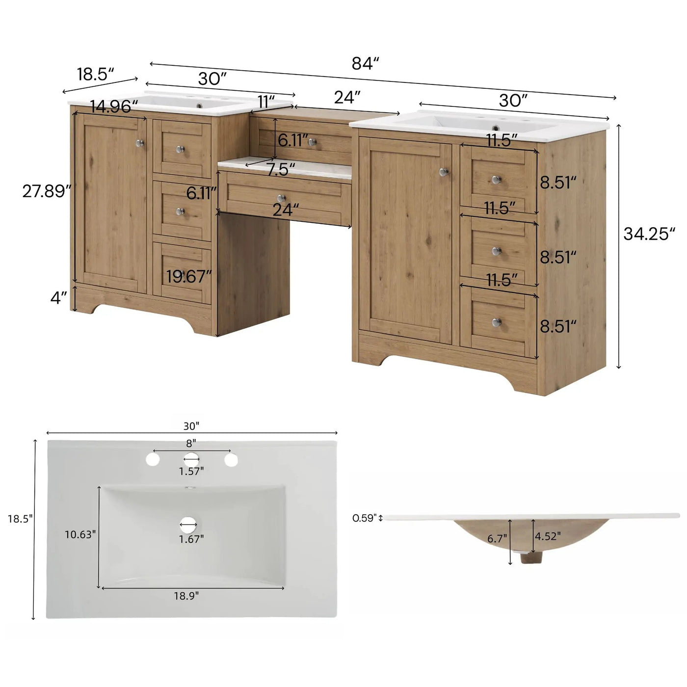 Double Sink Bathroom Vanity With Countertop, 2 Ceramic Sinks, 6 Drawers by HouseOfZazla