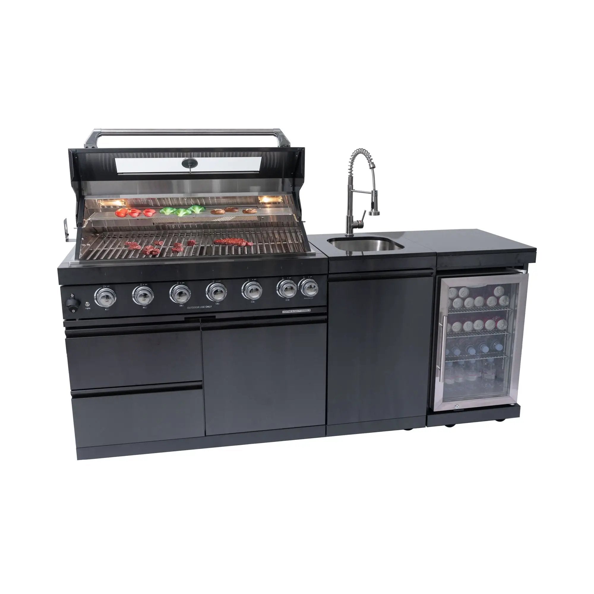 NG 85" 6-Burner 85,000 BTU Black Outdoor Kitchen Island Grill Refrigerator + Rotisserie Kit + Sink by Chery Industrial