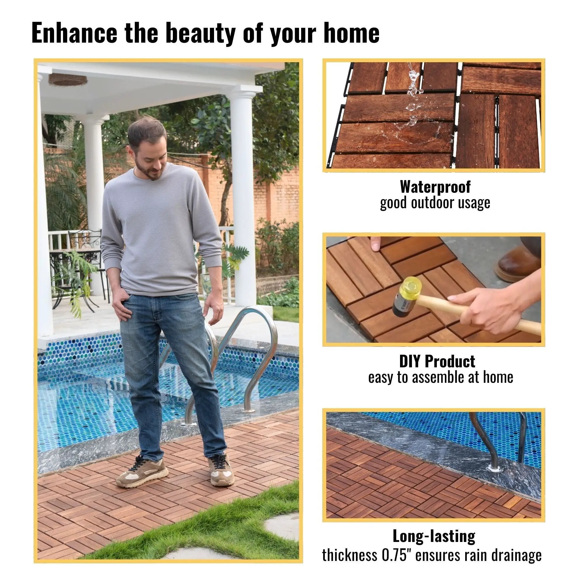 Interlocking Deck Tiles Checker Pattern, Square Acacia Hardwood Outdoor Flooring For Patio, Bancony, Pool Side by HouseOfZazla