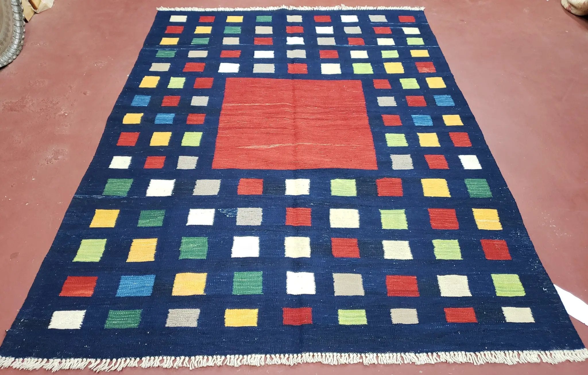 Turkish Kilim Rug 5x7 - 6x8, Checkerboard Kilim Carpet, Area Rug, New Playroom Rug, Colorful Multicolor Rug for Nursery Room, Dark Blue Red by Jewel Rugs