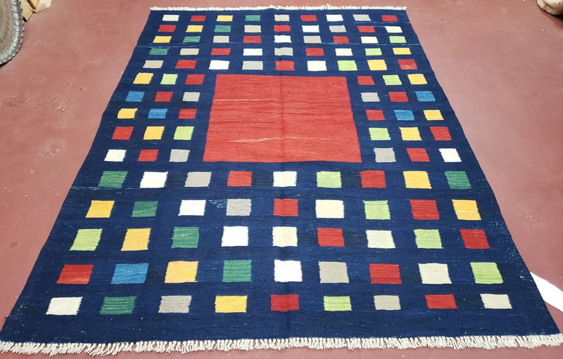 Turkish Kilim Rug 5x7 - 6x8, Checkerboard Kilim Carpet, Area Rug, New Playroom Rug, Colorful Multicolor Rug for Nursery Room, Dark Blue Red by Jewel Rugs