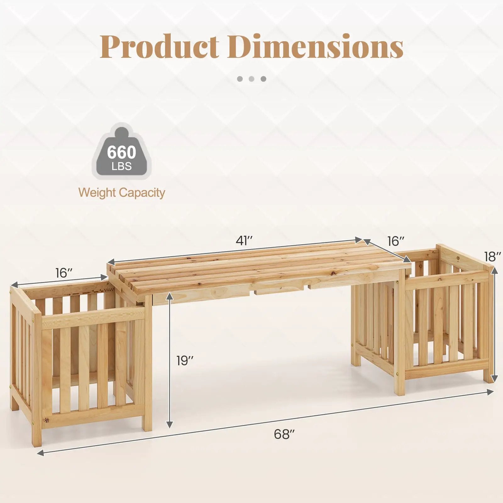 Patio Wooden Bench with Planter 2 Person Patio Bench-Natural by DirectDeals