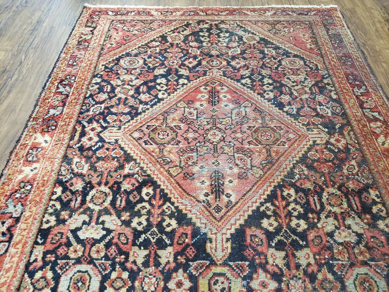 Antique Persian Mahal Area Rug 4.4 x 6.6, Wool Hand-Knotted Shabby Chic Oriental Rug, Red Black 1930s Foyer Room Carpet, Low Pile Boho Rug by Jewel Rugs