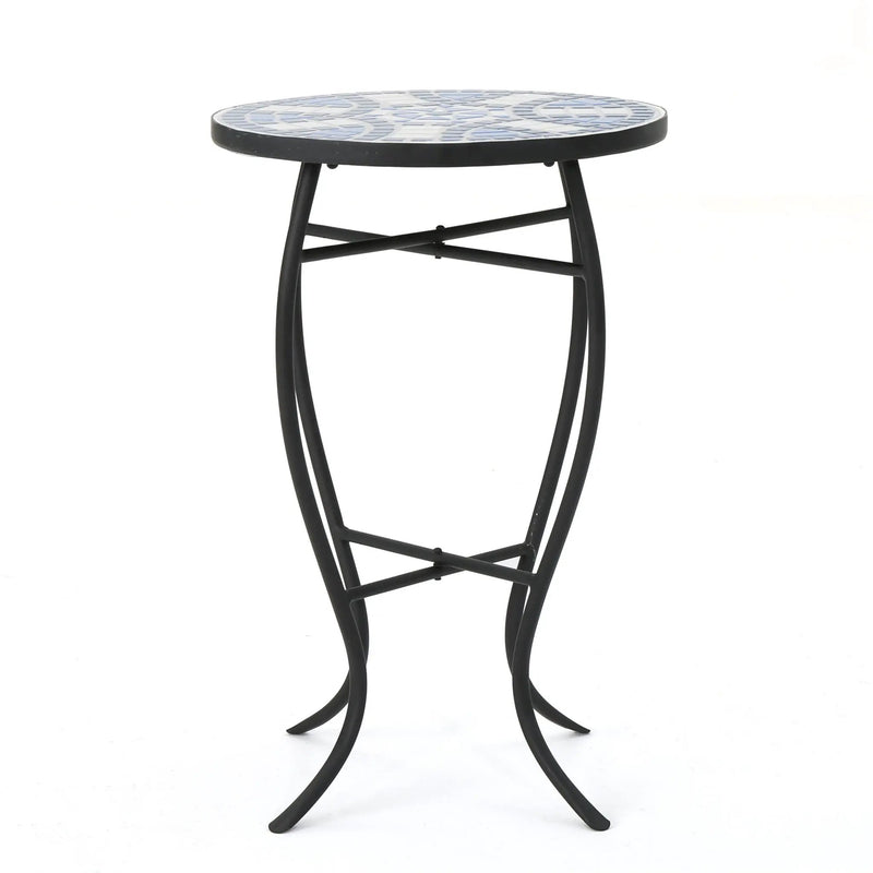 Outdoor Round Side Table With Mosaic Style Top And Curved Iron Legs - Blue / Matte Black by HouseOfZazla