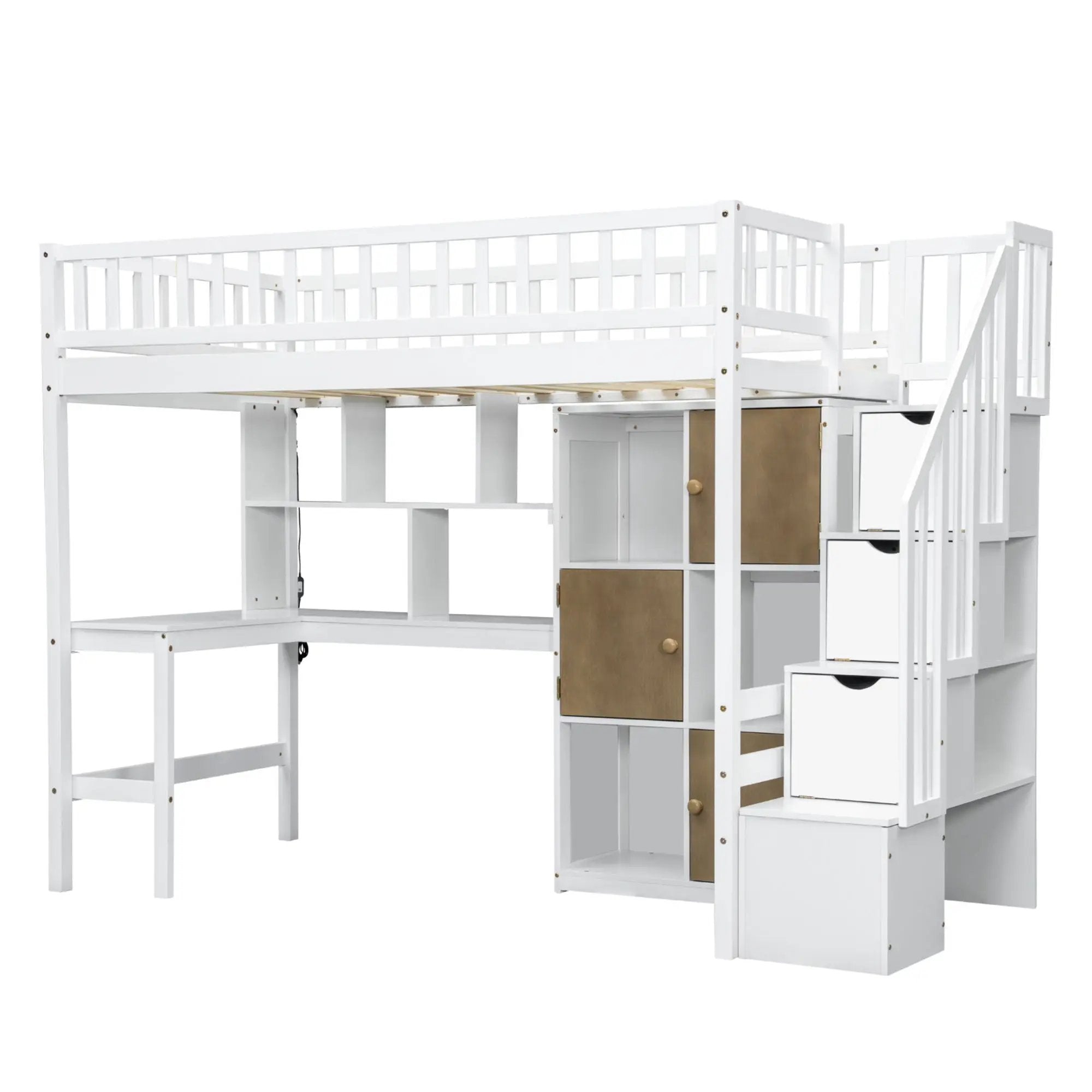 Loft Bed With Built In L Shaped Desk, LED Lights, Storage Shelves, Cabinets, And Staircase by HouseOfZazla