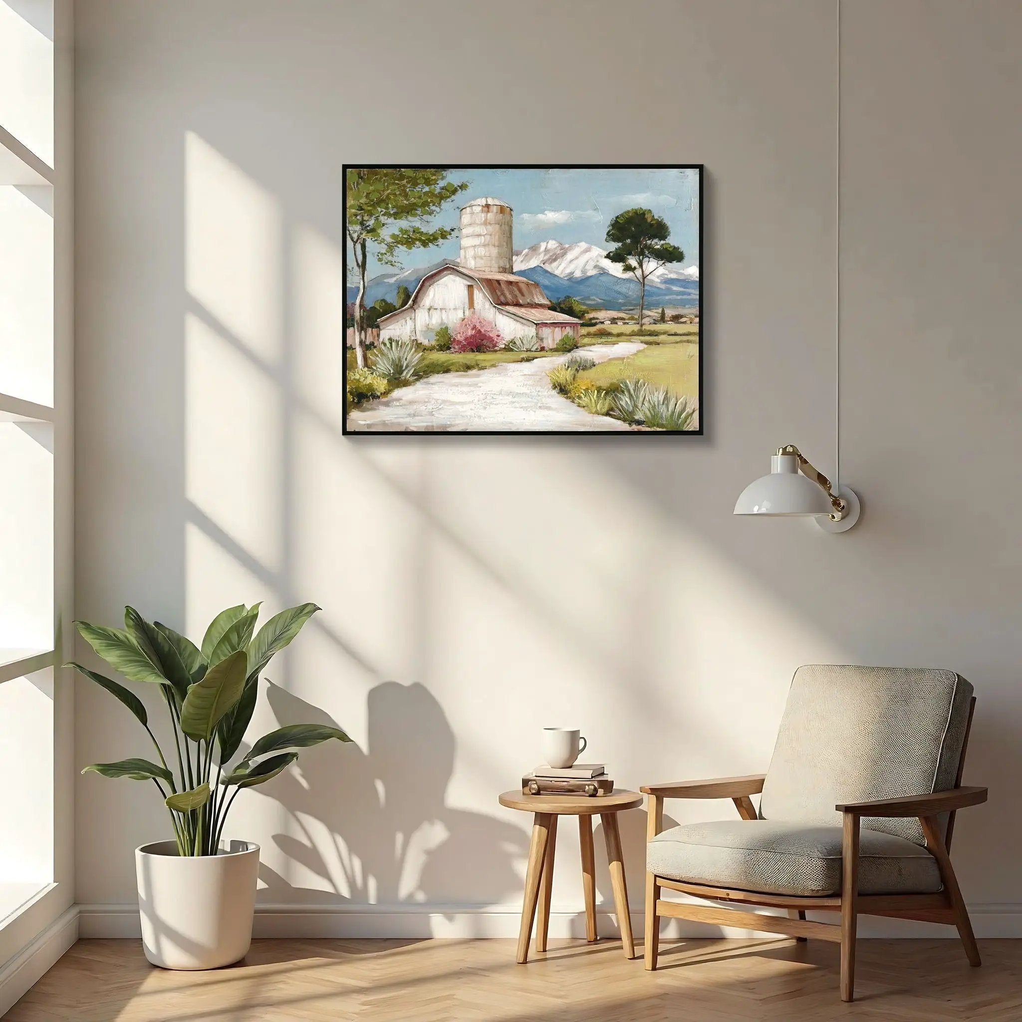 Framed Canvas Wall Art Beautiful Field Painting Wildflower Barn Print Nature Scenery Picture For Home - Blue / Pink by Unique Piece Furniture