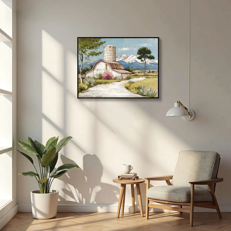 Framed Canvas Wall Art Beautiful Field Painting Wildflower Barn Print Nature Scenery Picture For Home - Blue / Pink by Unique Piece Furniture
