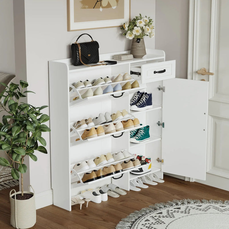 Shoe Cabinet With 4 Doors 1 Drawers, PVC Door With Shape, Large Space For Storage - White by HouseOfZazla