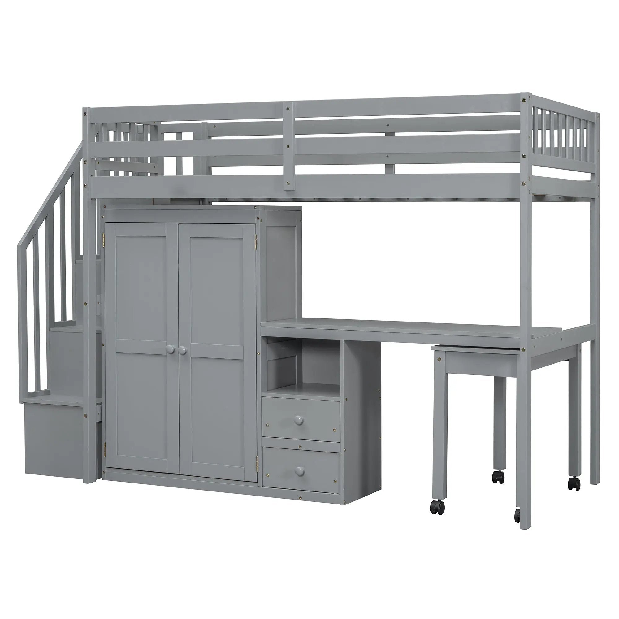 Loft Bed With Stairs, Bookshelf, Drawers, Desk & Wardrobe, Space Saving Multifunctional Furniture by HouseOfZazla