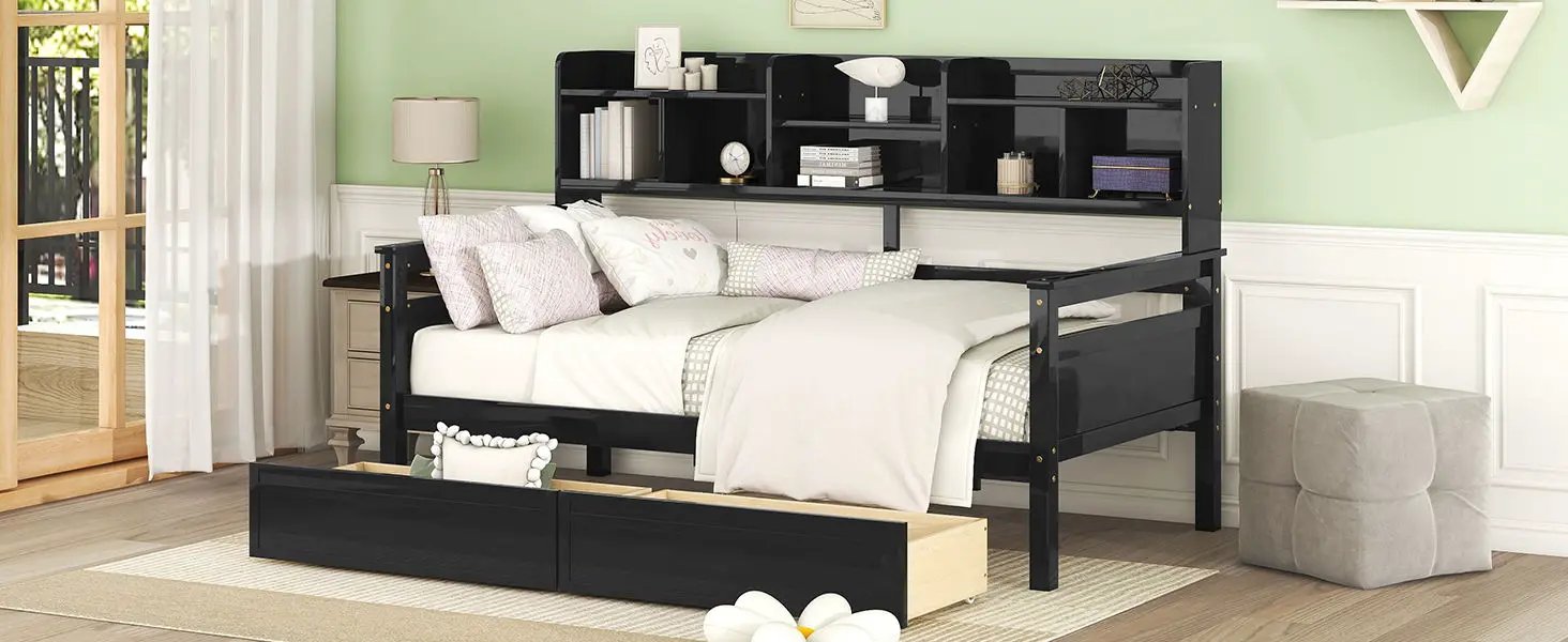 Daybed, Slat Support, With Bedside Shelves And 2 Drawers by HouseOfZazla