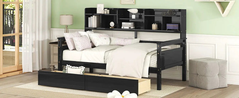 Daybed, Slat Support, With Bedside Shelves And 2 Drawers by HouseOfZazla