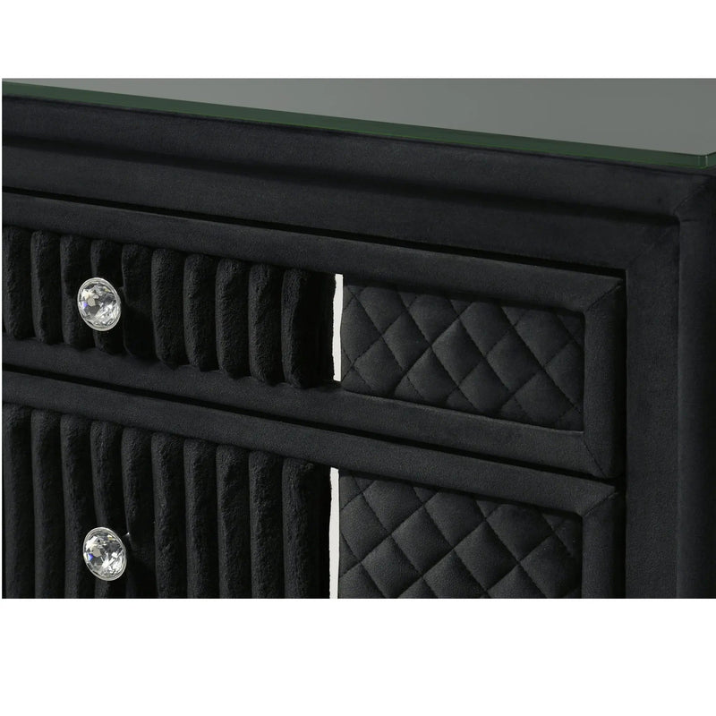 1 Piece Nightstand Upholstery Textured Look Luxurious Feel Drawer Fronts Crystal Style Knobs - Black