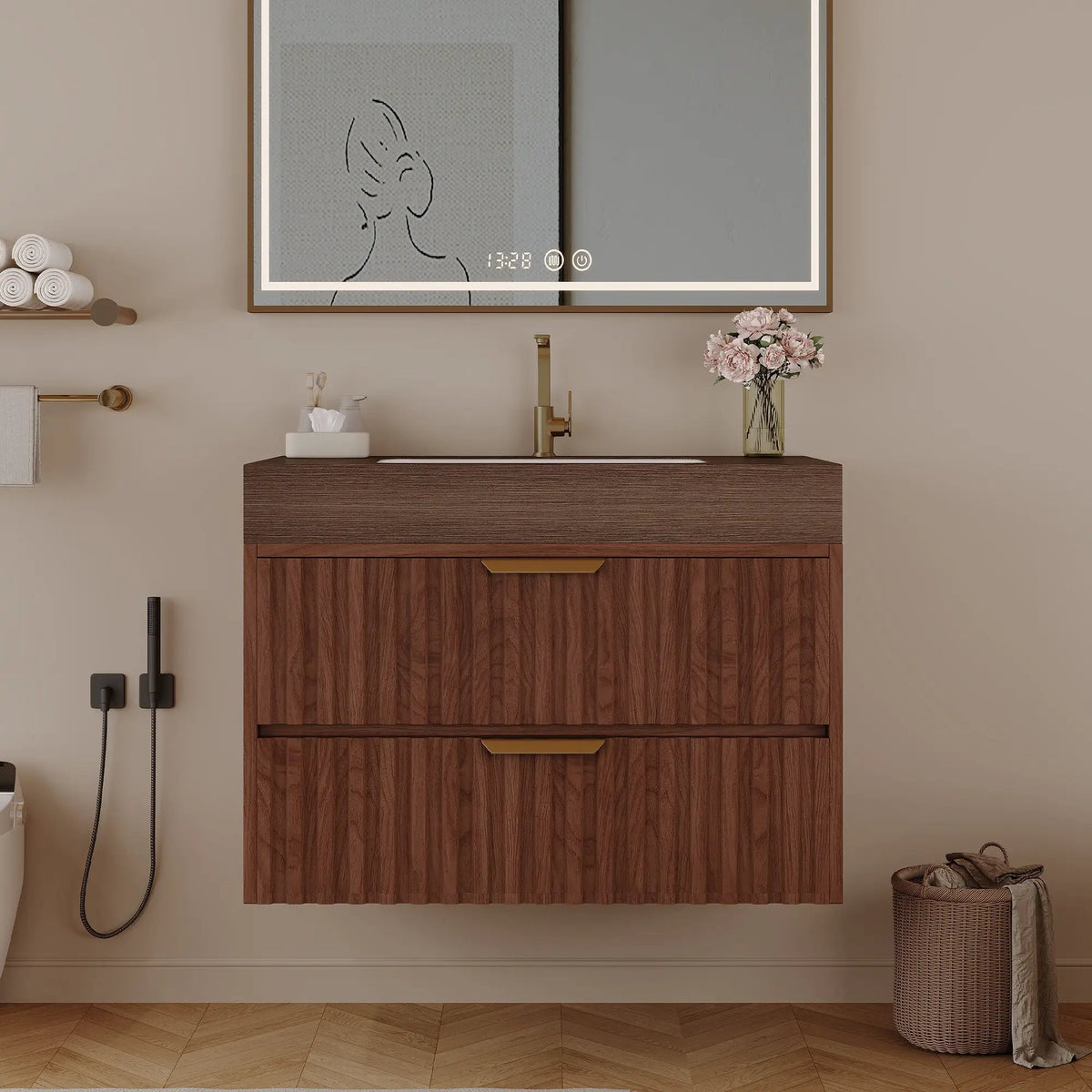 30" Modern Floating Bathroom Vanity with Seamless Sintered Stone Top, photo 2 of 10
