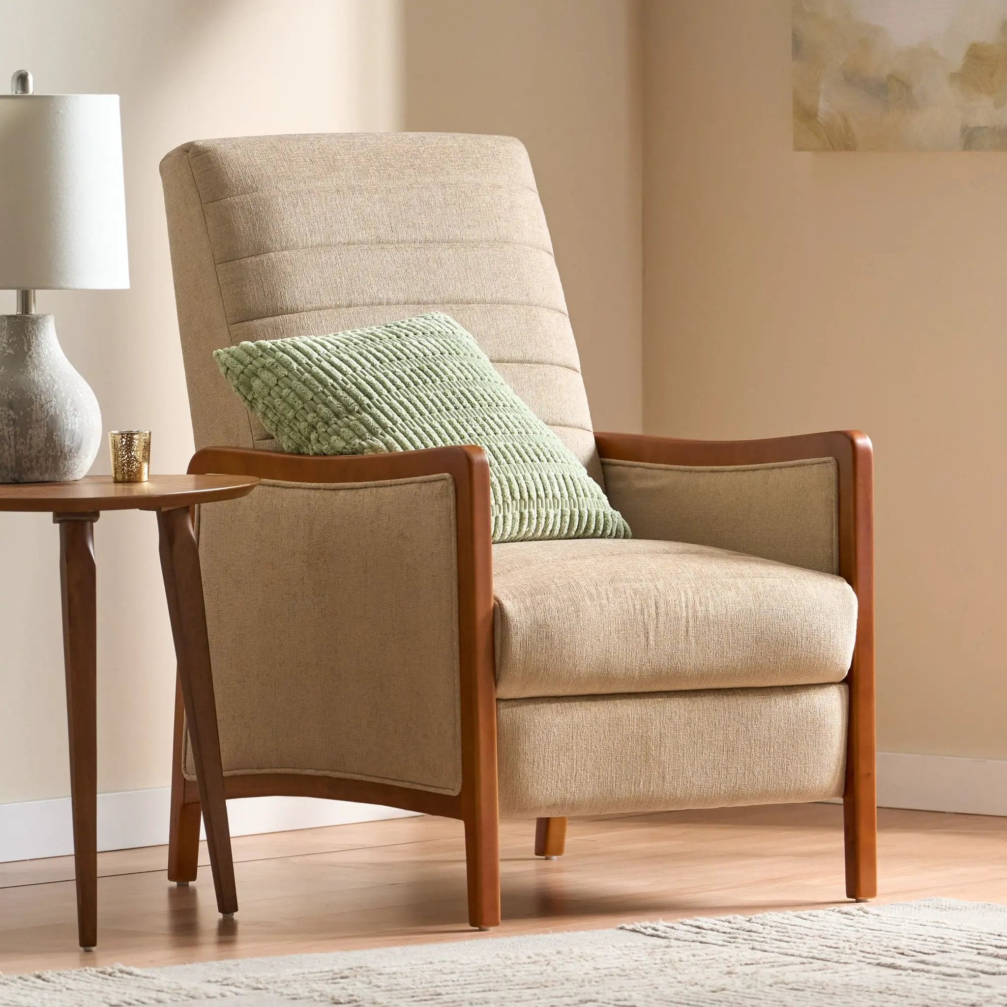 Mid Century Modern Fabric Channel Stitch Wood Pushback Recliner by Unique Piece Furniture