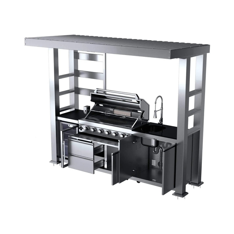 Castelle Flame Blaze 108-Inch 6-Burner 85K BTU Deluxe Stainless Steel Liquid Propane Outdoor Kitchen Grill Island With Wine Cooler, Rotisserie, Cabinets, And Granite Countertops (SAK58310) by SAKSBY WHOLESALE