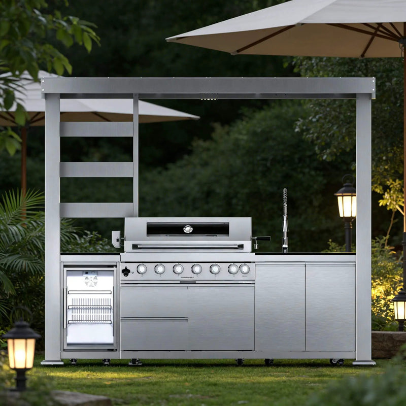 Castelle Flame Blaze 108-Inch 6-Burner 85K BTU Deluxe Stainless Steel Liquid Propane Outdoor Kitchen Grill Island With Wine Cooler, Rotisserie, Cabinets, And Granite Countertops (SAK58310) by SAKSBY WHOLESALE