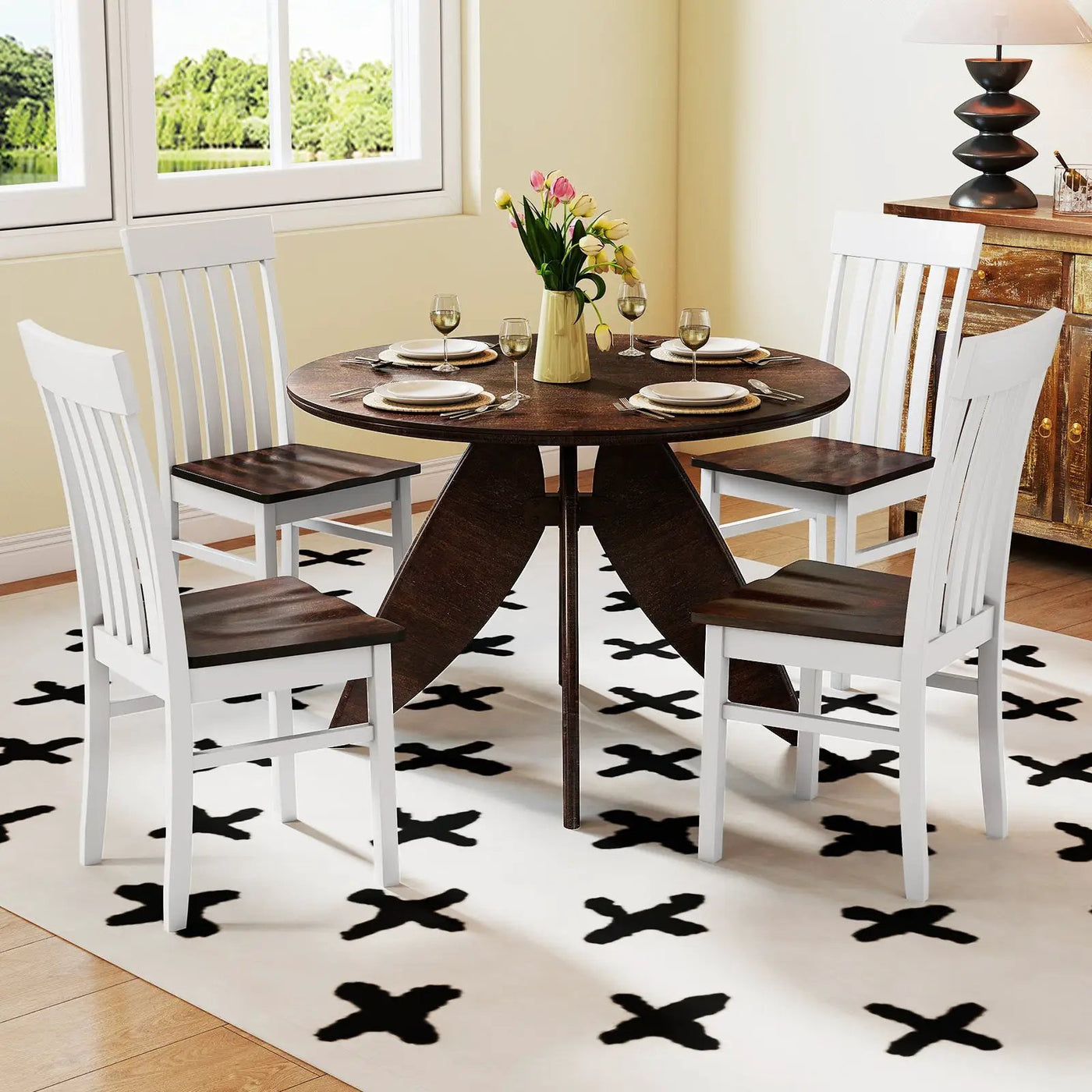 Set of 2 Kitchen Armless Dining Chairs with Slatted High Backrests-White by DirectDeals