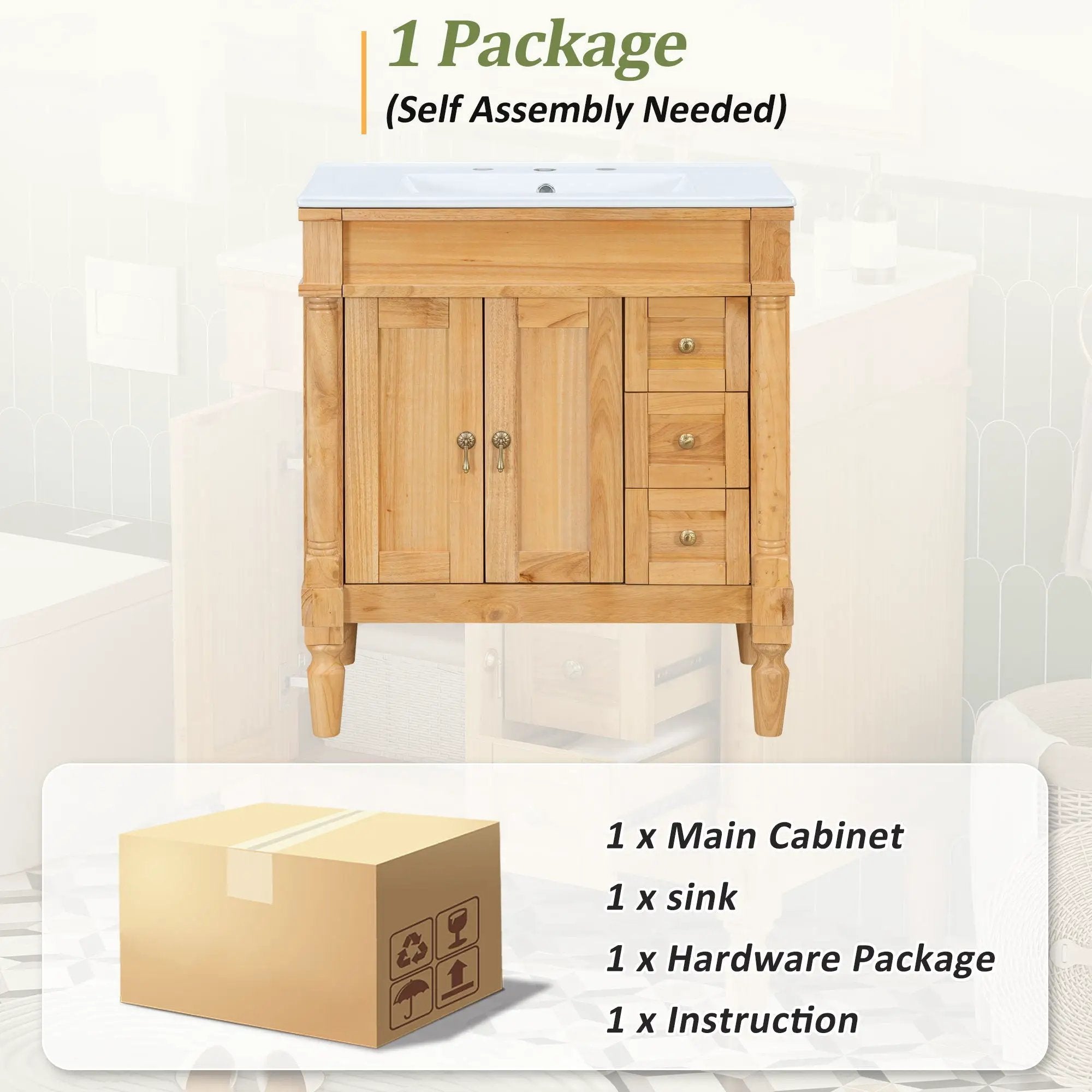 Modern Bathroom Vanity With Ceramic Sink, Soft Close Doors, Adjustable Shelves