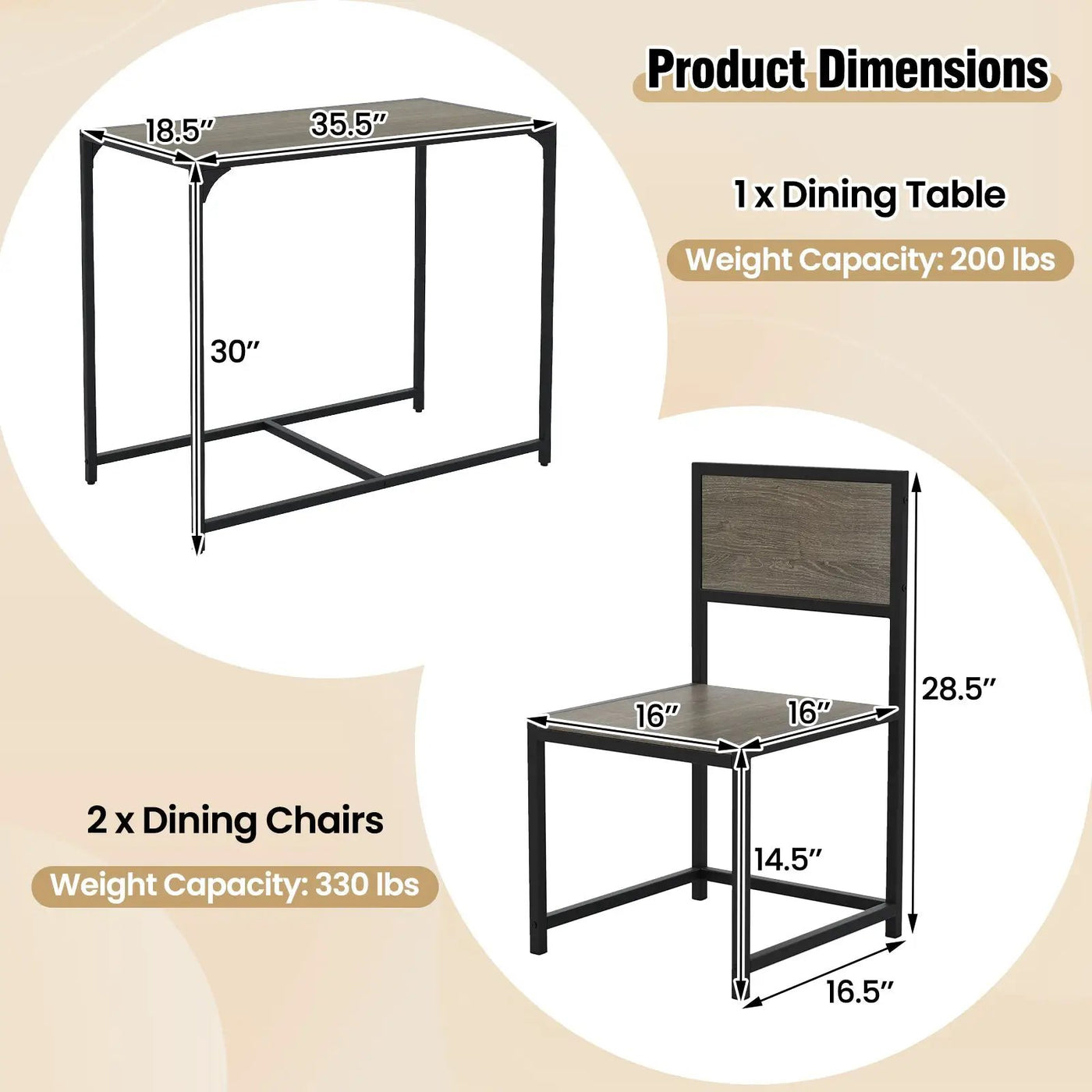 3 Pcs Dining Set Compact Table and 2 Chair with Metal Frame for for Small Space by DirectDeals