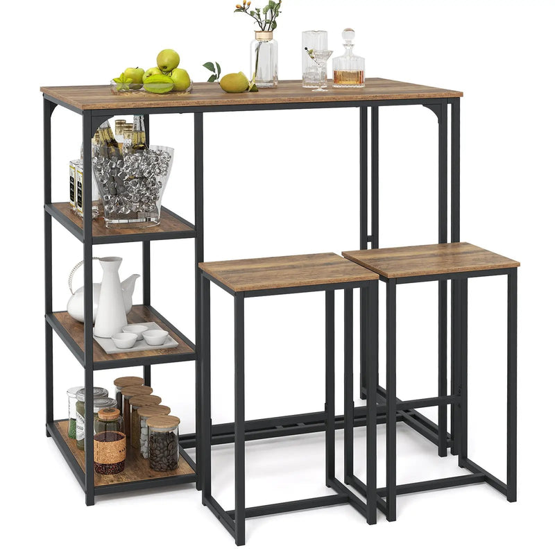 3-Piece Bar Table Set for 2 Bar-Height Dining Table with 2 Stools-Rustic Brown by DirectDeals
