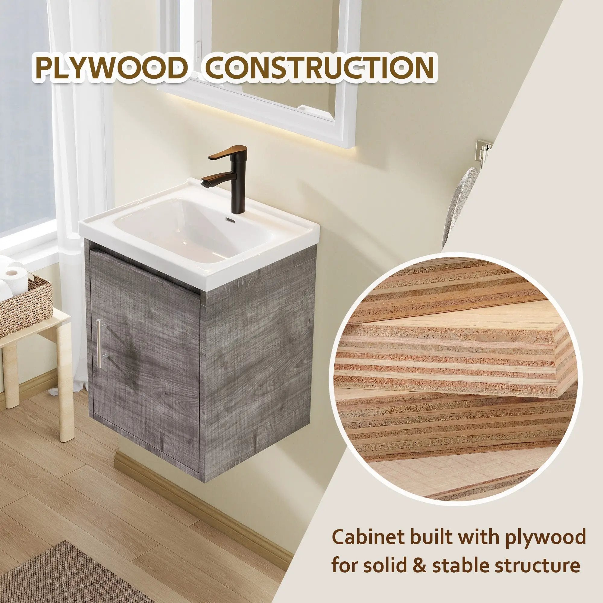 16" Floating Bathroom Vanity, Wall Mounted Plywood Cabinet by HouseOfZazla