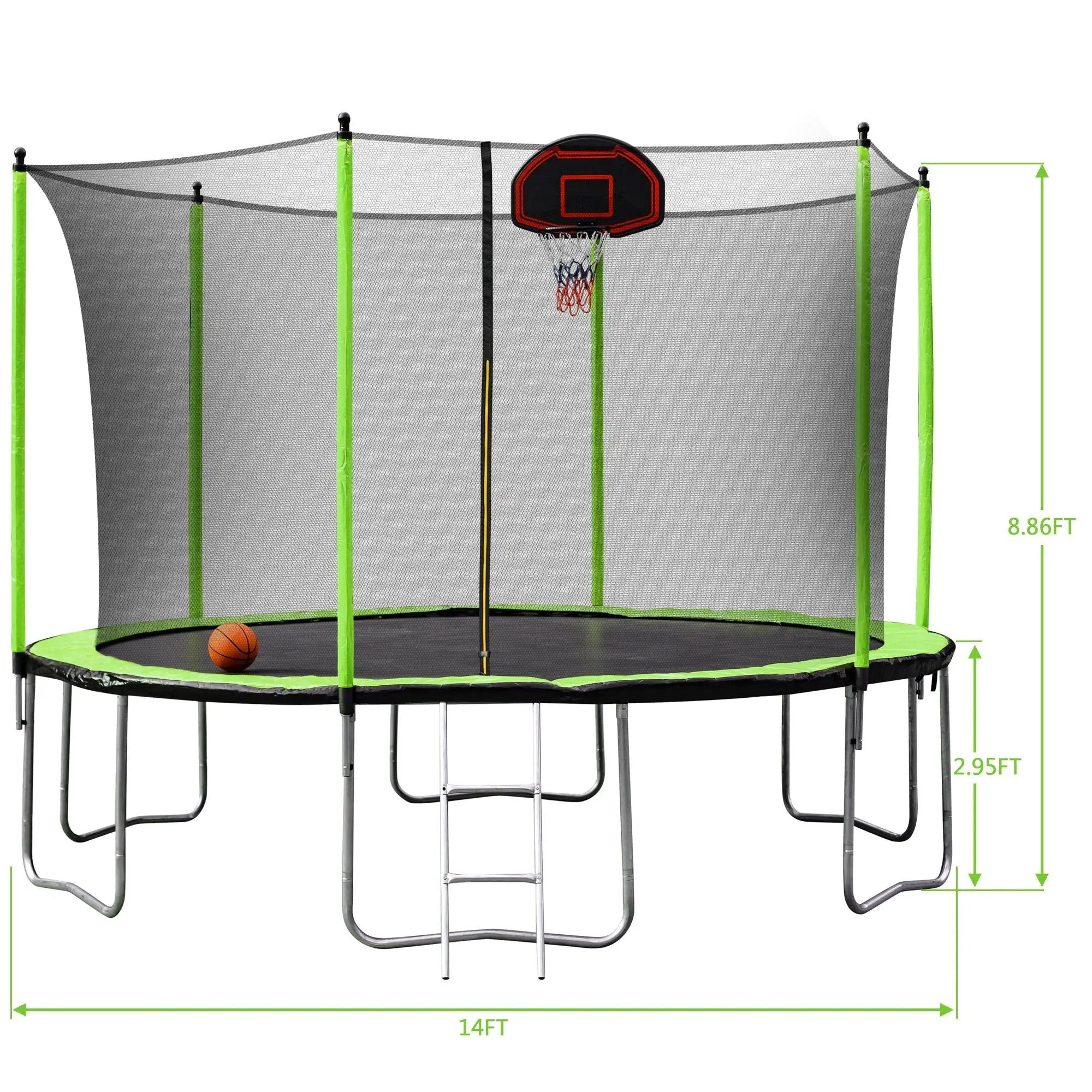 14Ft Trampoline With Basketball Hoop Inflator And Ladder (Inner Safety Enclosure) - Green by HouseOfZazla