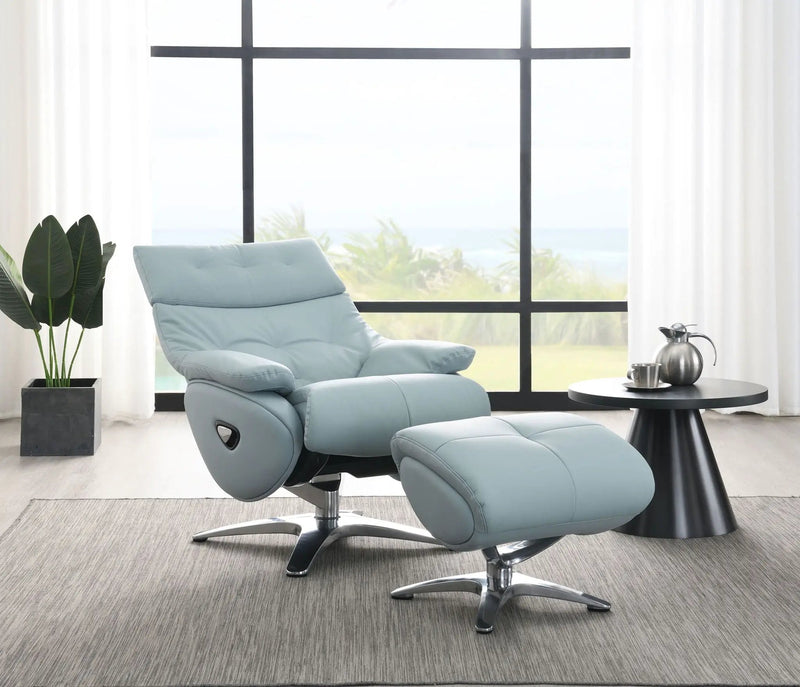 Janella - Top Grain Leather Accent Chair With Swivel & Ottoman - Baby Blue by HouseOfZazla
