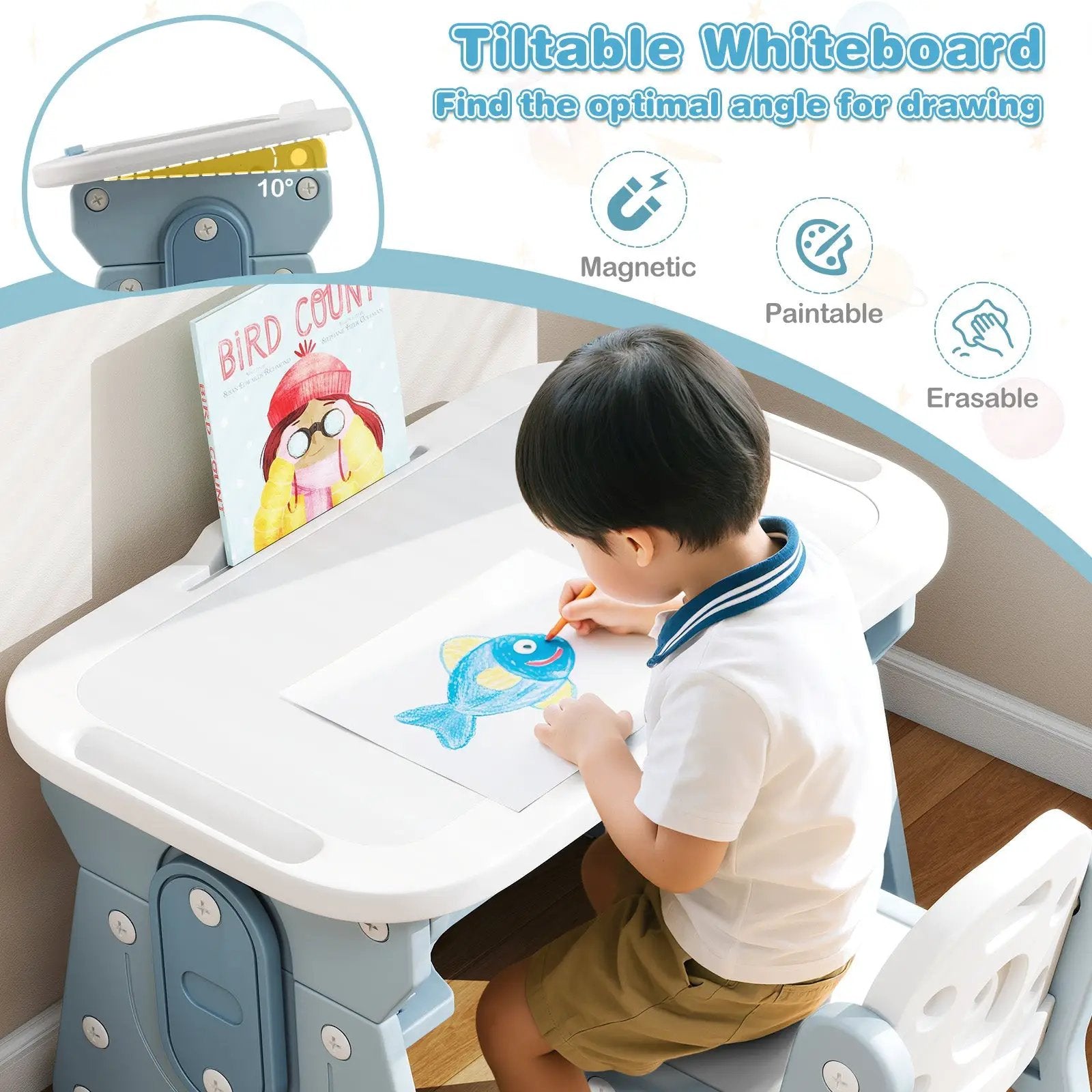 Height Adjustable Kids Table and Chair Set with Tiltable Whiteboard and Concave Shelf by DirectDeals