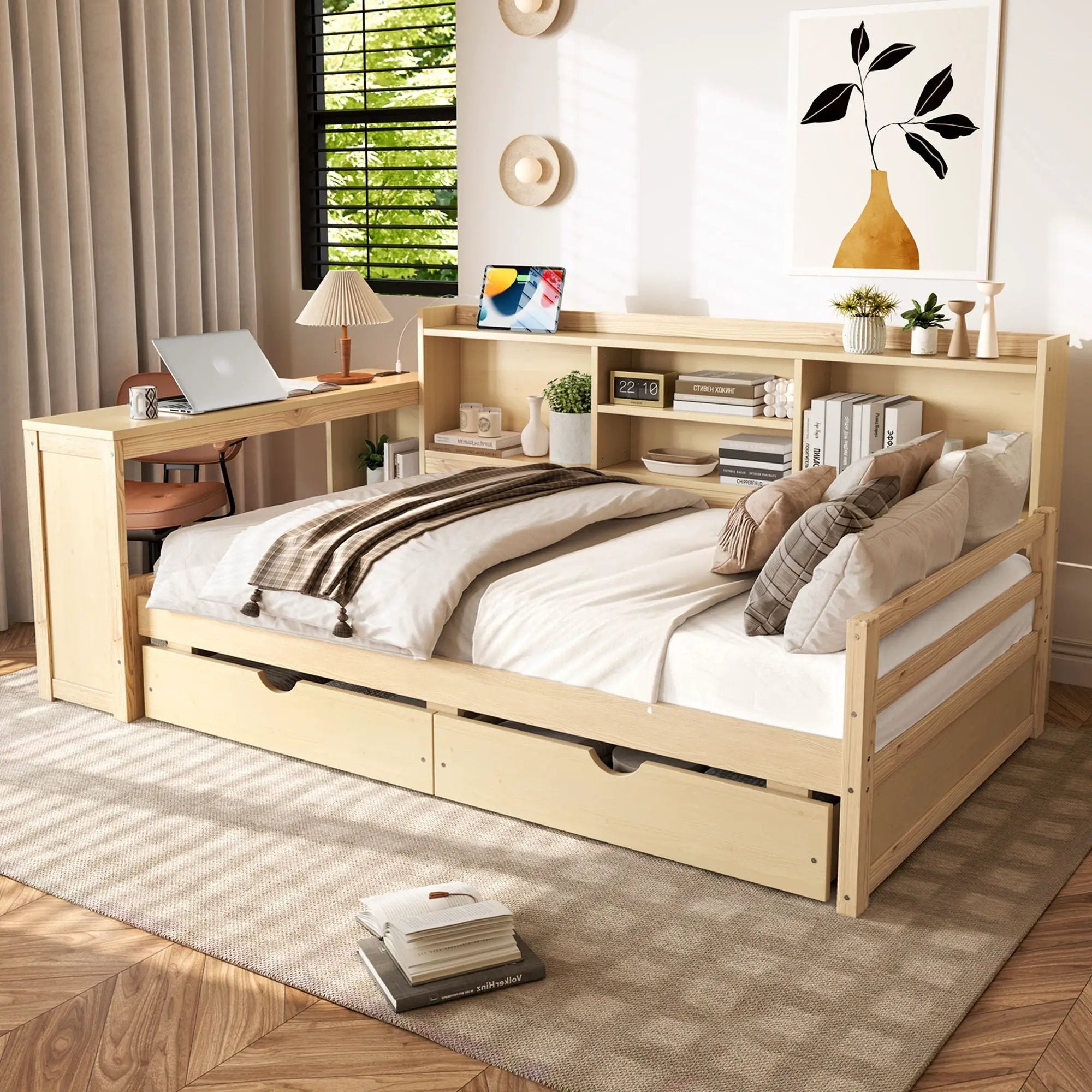 Corner Daybed With Storage Drawers, Desk, Charging Port & Bookcase by Unique Piece Furniture
