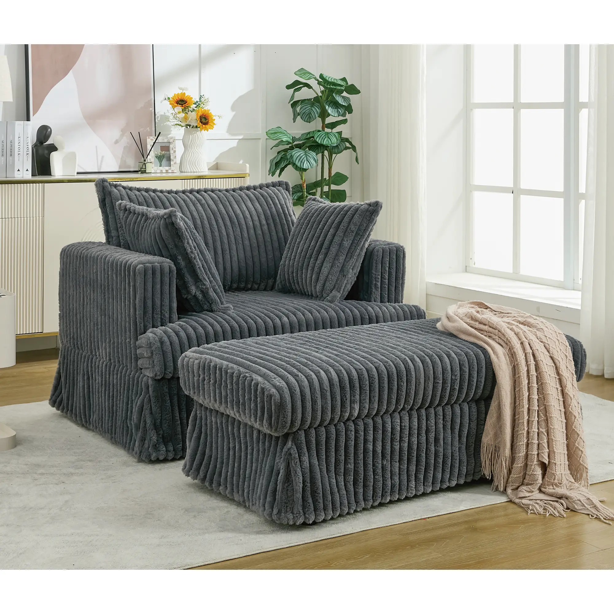 Oversized Corduroy Chaise Lounge with Ottoman in Dark Gray by HouseOfZazla