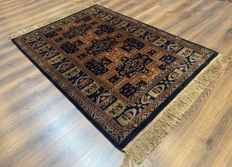 Vintage Afghan Rug 4x6, Navy Blue and Light Brown, Geometric Medallions, Wool on Wool, Tribal Rug by Jewel Rugs