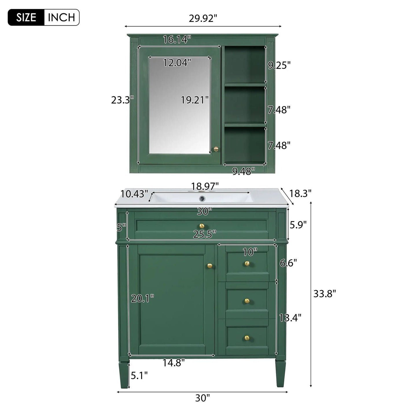 Bathroom Vanity With Top Sink, 2 Doors And 3 Drawers, Freestanding Set With Mirror Cabinet by Unique Piece Furniture