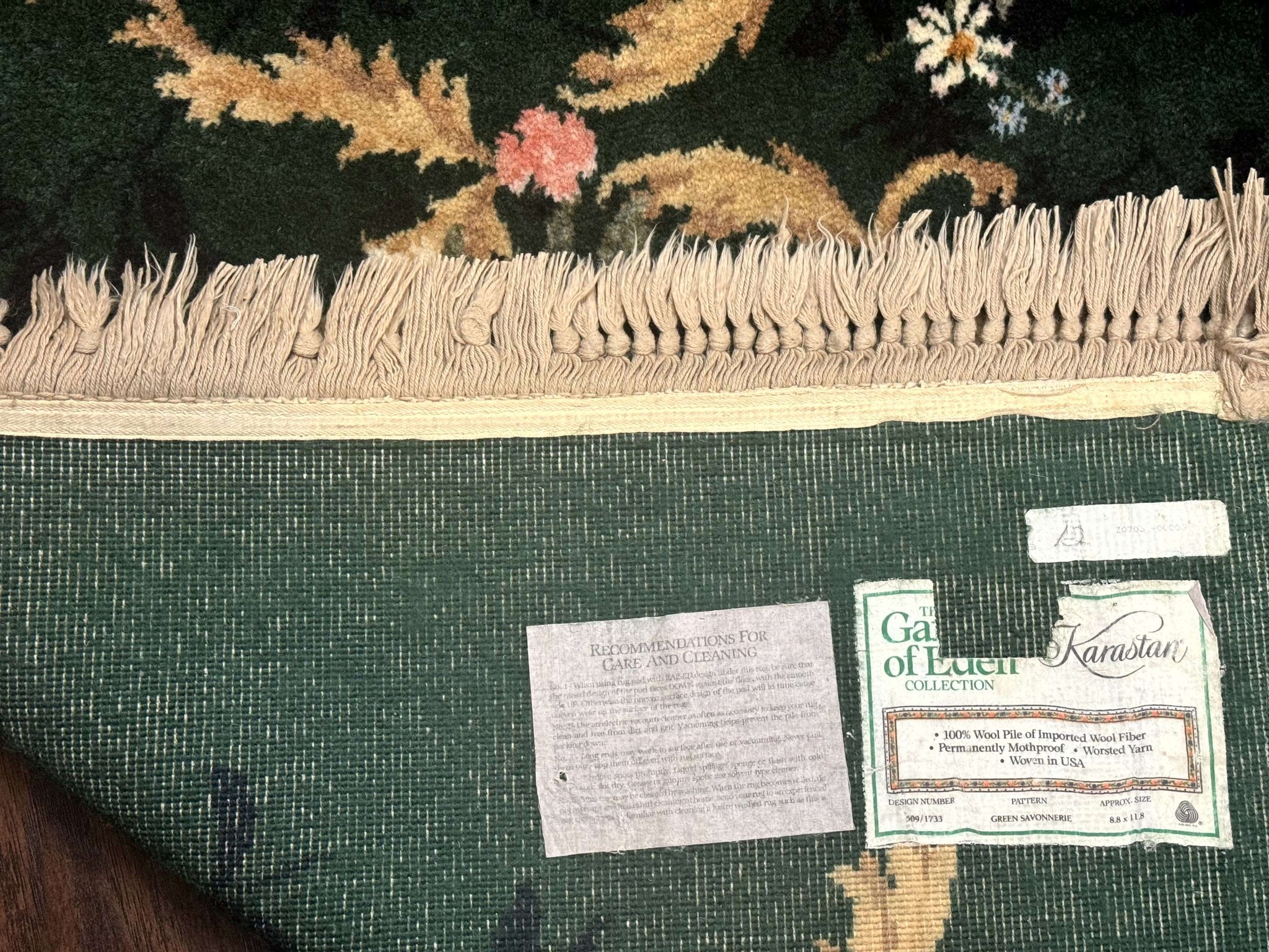 Karastan Garden of Eden Rug 8.8 x 11.8, Green Savonnerie 509/1733, Wool by Jewel Rugs