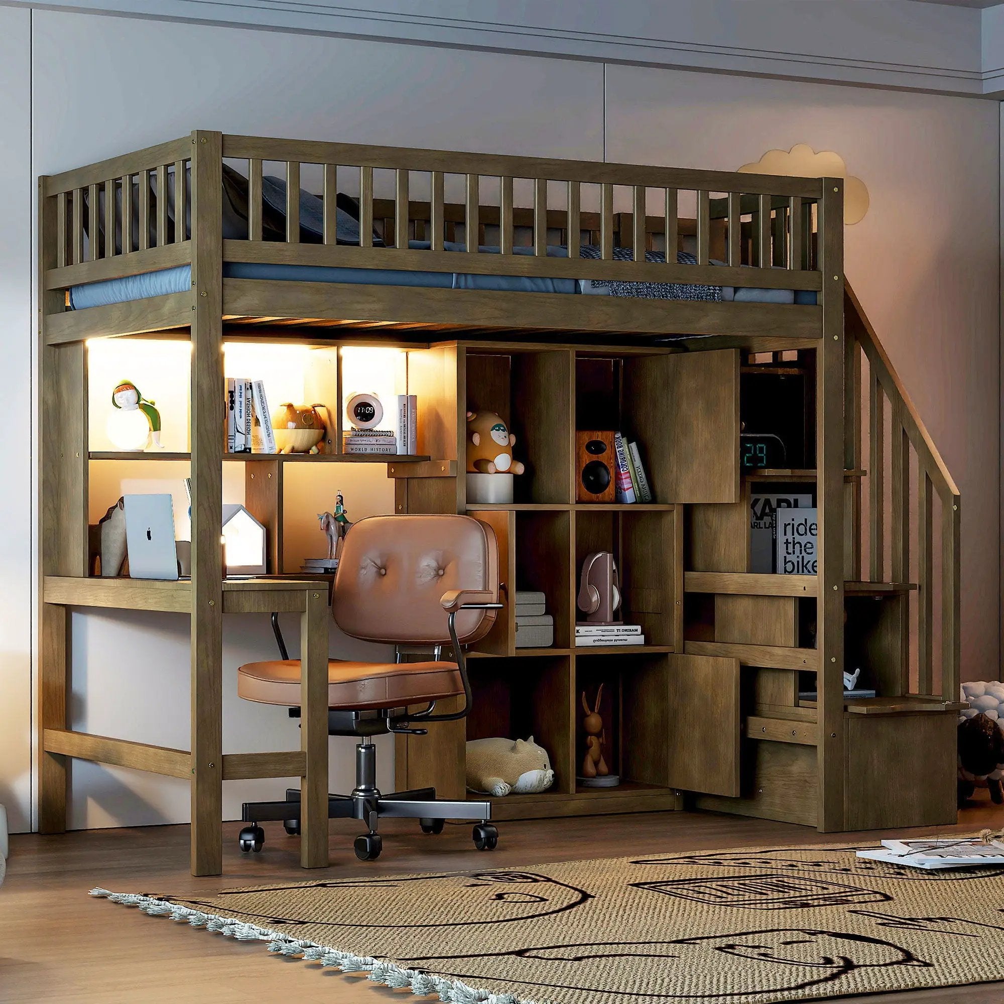 Loft Bed With Built In L Shaped Desk, LED Lights, Storage Shelves, Cabinets, And Staircase by Unique Piece Furniture