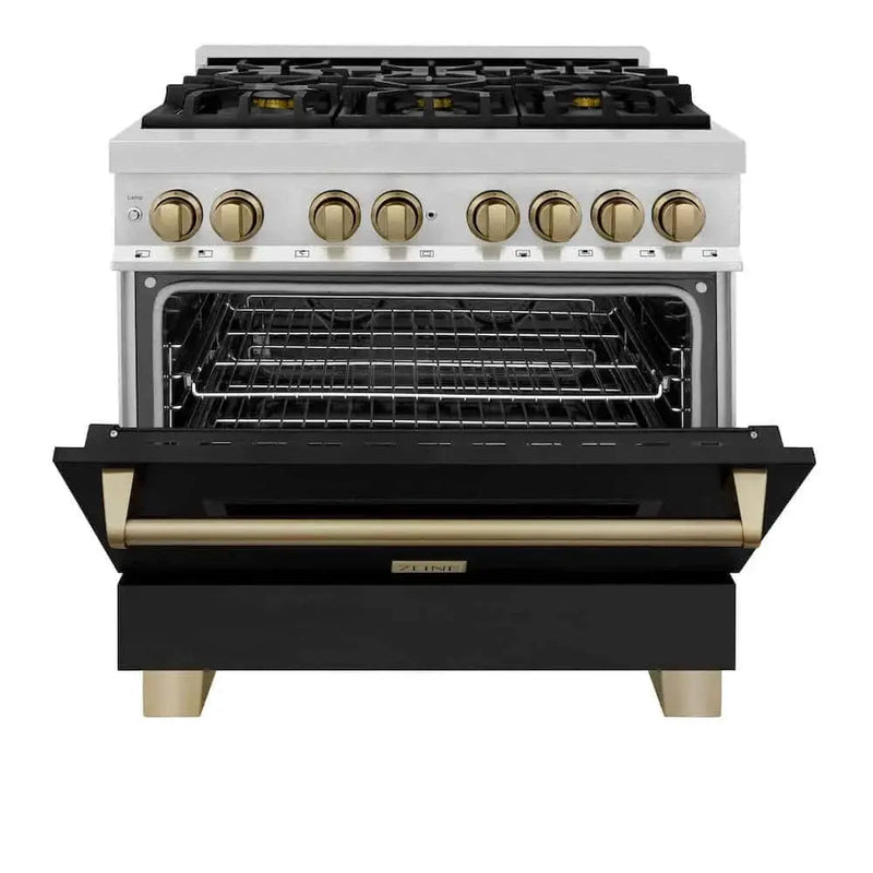ZLINE 36" Autograph Dual Fuel Range, Black, Bronze, RAZ-BLM-36-CB by Farmhouse Kitchen and Bath