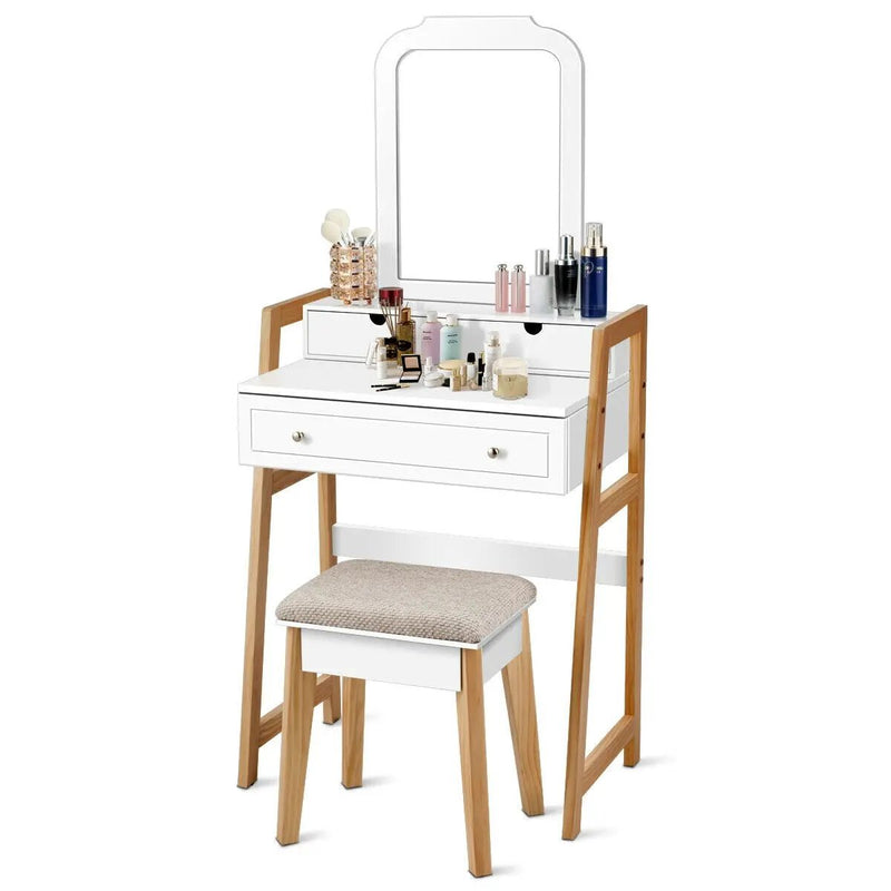 Vanity Table Set with Cushioned Stool and Large Mirror by DirectDeals
