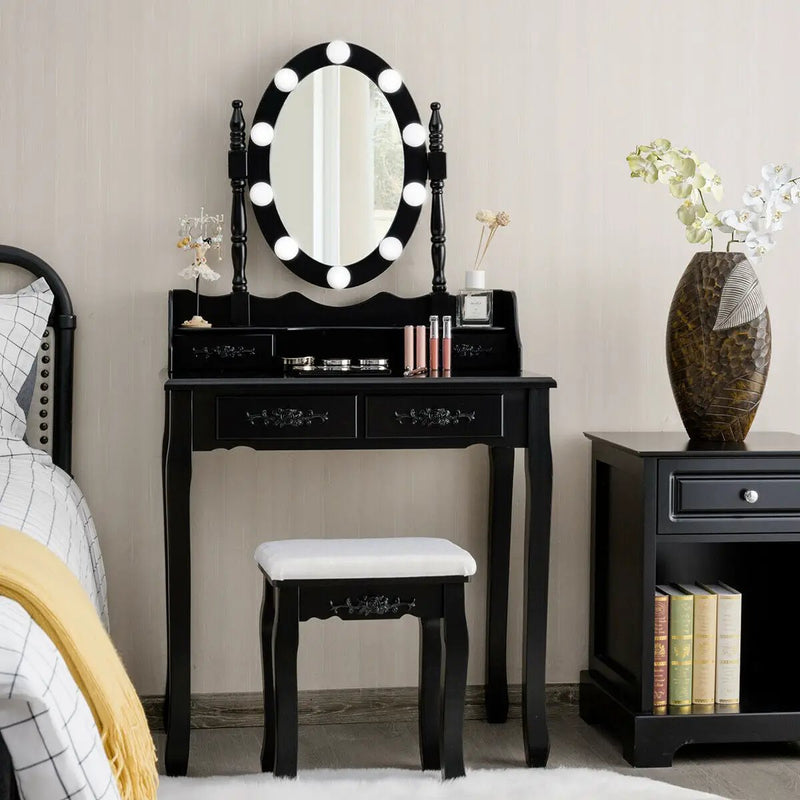 Makeup Dressing Table with Touch Switch Lighted Mirror and Cushioned Stool by DirectDeals