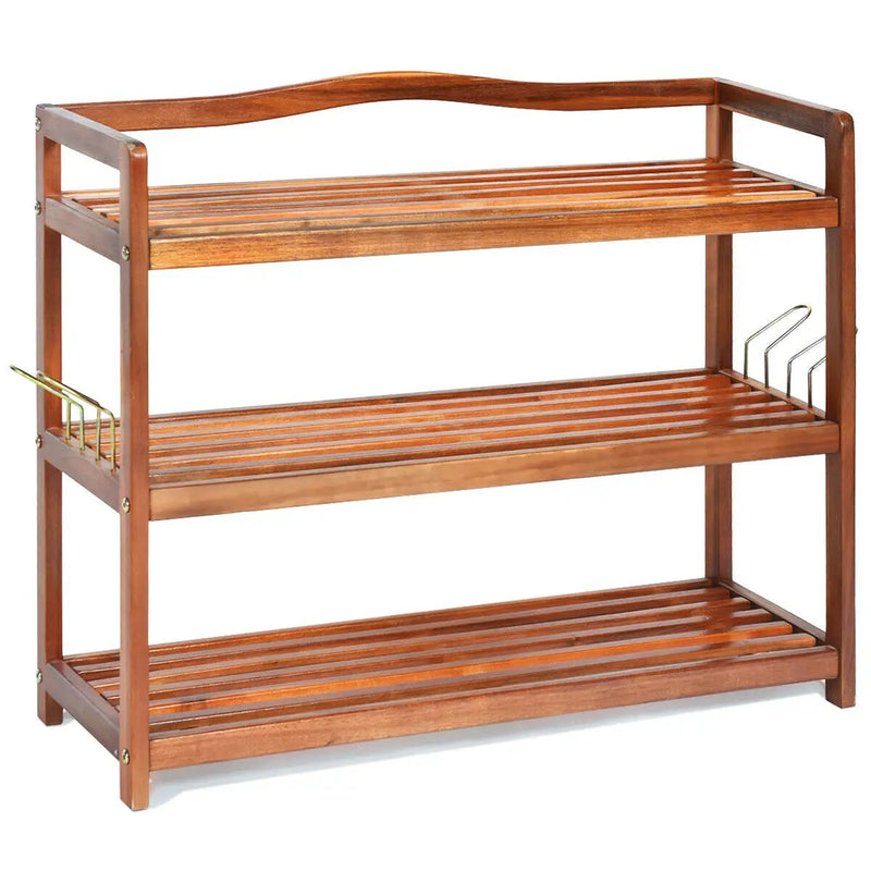2-Tier Acacia Wood Shoe Rack with 4 Side Metal Hooks by DirectDeals